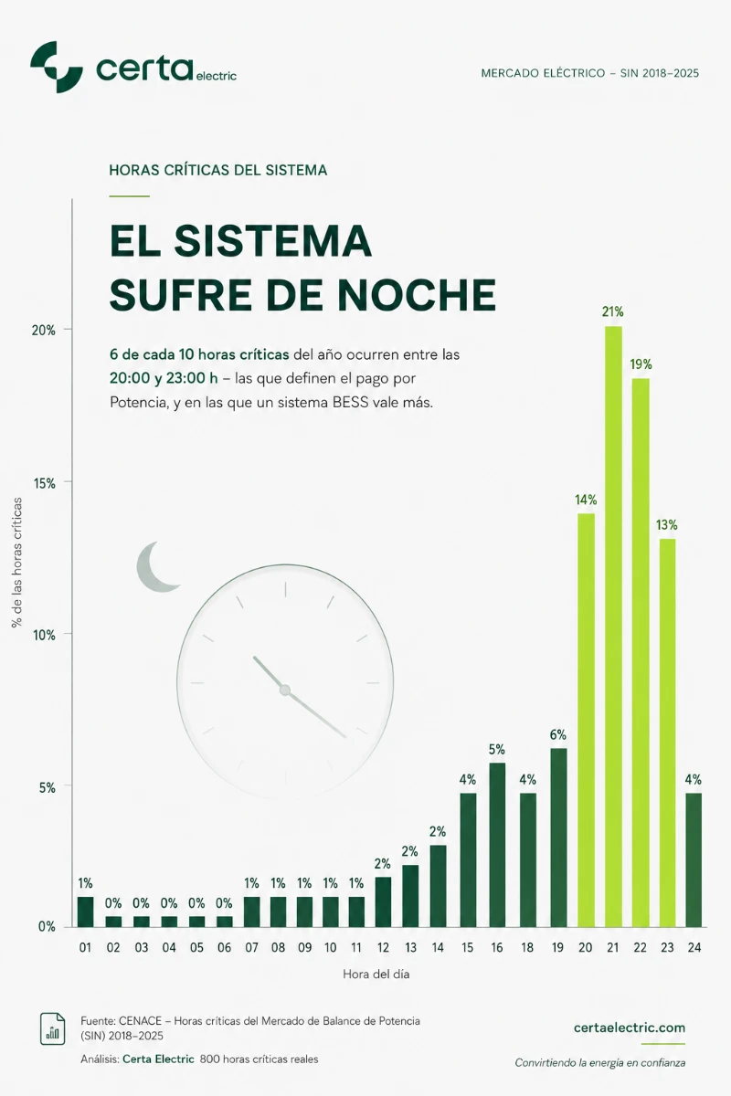 El sistema sufre de noche: 6 de cada 10 horas críticas del año ocurren entre las 20:00 y 23:00 h, según datos del CENACE 2018-2025