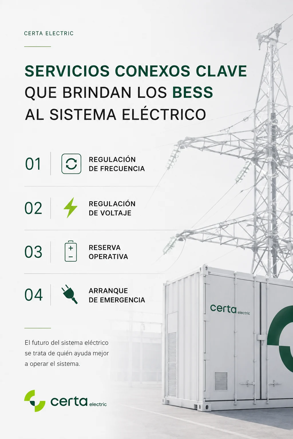 Servicios conexos clave que brindan los BESS al sistema eléctrico: regulación de frecuencia, regulación de voltaje, reserva operativa y arranque de emergencia