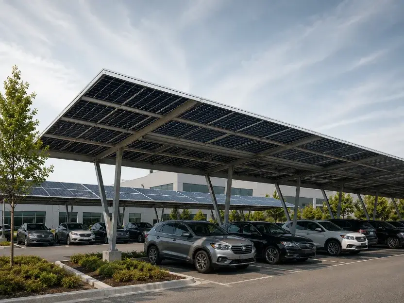 Carport solar en estacionamiento empresarial