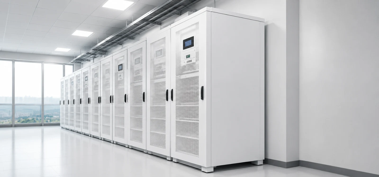 Sala de equipos con gabinetes UPS de respaldo de energía